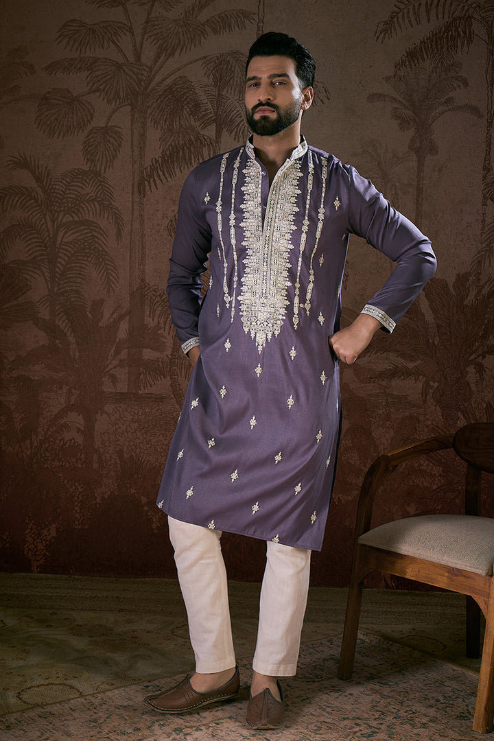 Lavender Silk Blend Solid Embroidered Straight Kurta | SHOBITAM