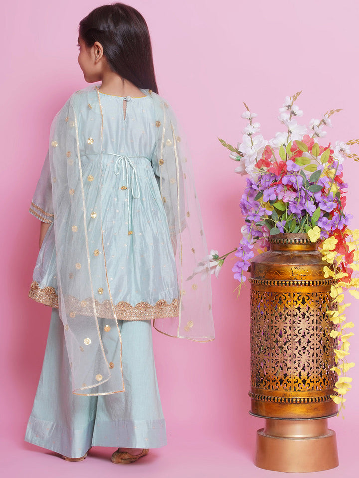 Girls Chanderi Cotton Three Fourth Sleeves Kurta Frock with Plazzo and Dupatta with Boota, Lace & Tussel work - Dolphin Green | SHOBITAM