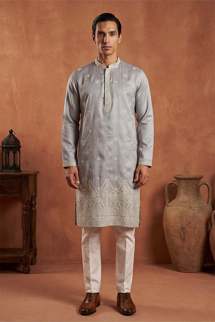 Mens Blue Silk Blend Solid Embroidered Kurta With Trousers | SHOBITAM