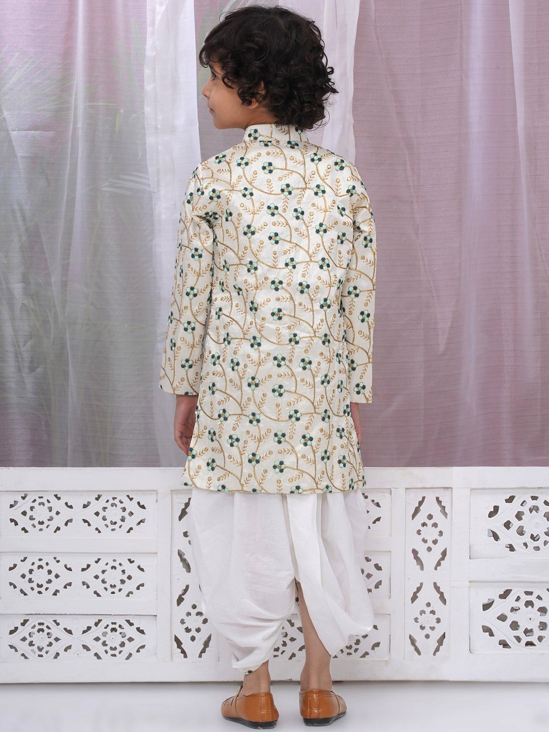 Boys Silk Brocade Full Sleeves Sherwani and Dhoti with Floral Embroidery & Kundan Buttons- Cream | SHOBITAM