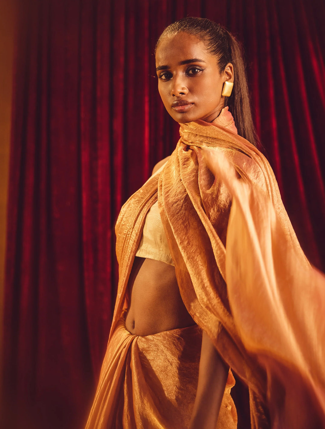 Peach Copper Tissue Saree With Unstitched Blouse | SHOBITAM