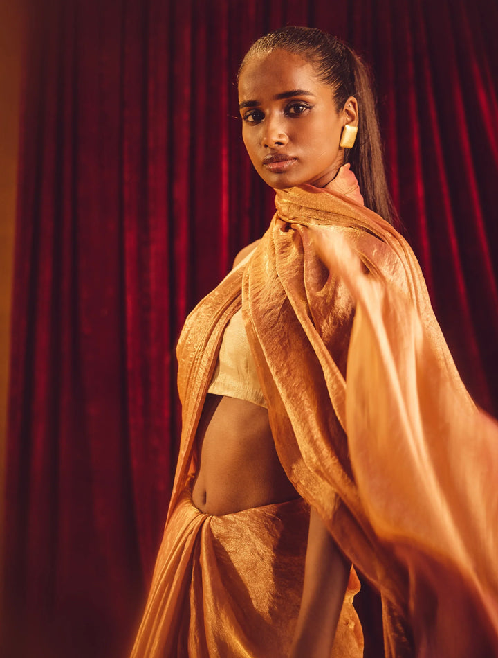 Peach Copper Tissue Saree With Unstitched Blouse | SHOBITAM