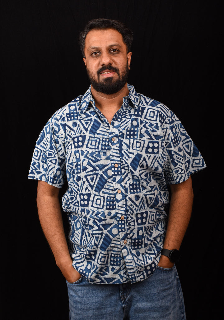 Indigo White Handblock Printed Cotton Mens Shirt Raasleela