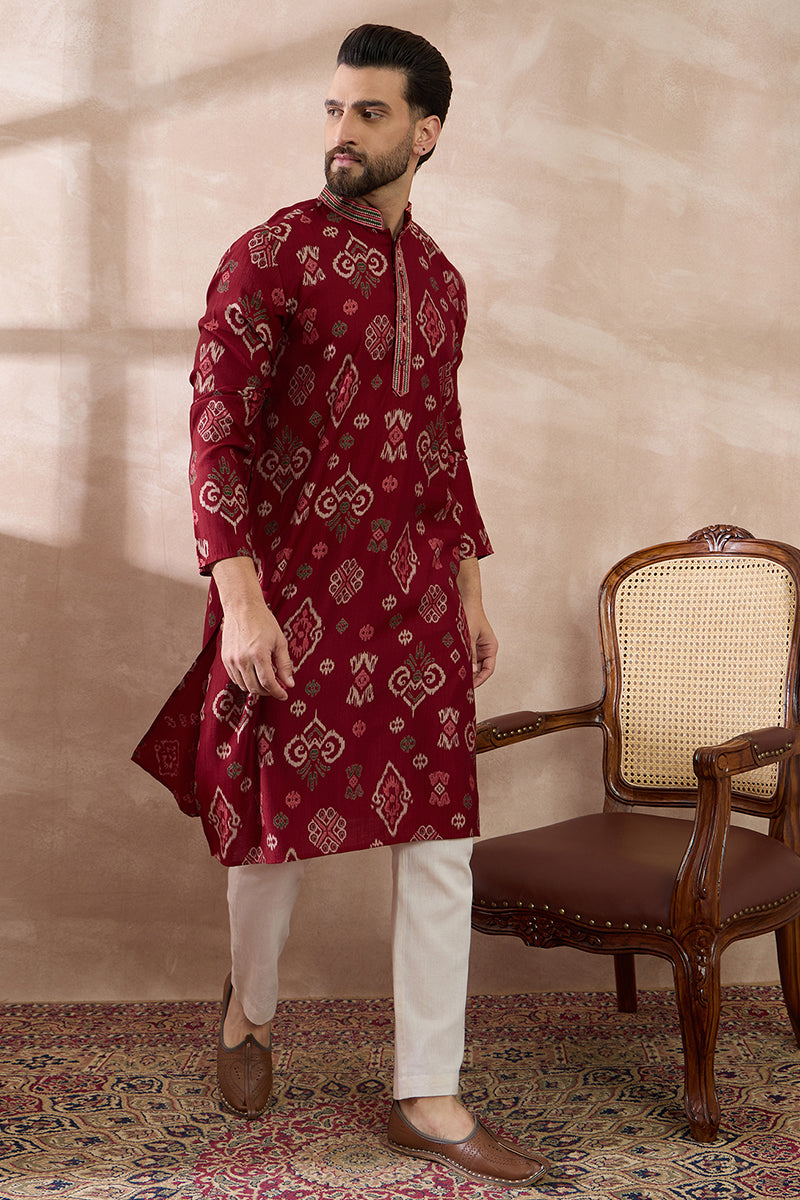 Red Silk Blend Printed Mandarin Collar Straight Kurta With Trouser | SHOBITAM
