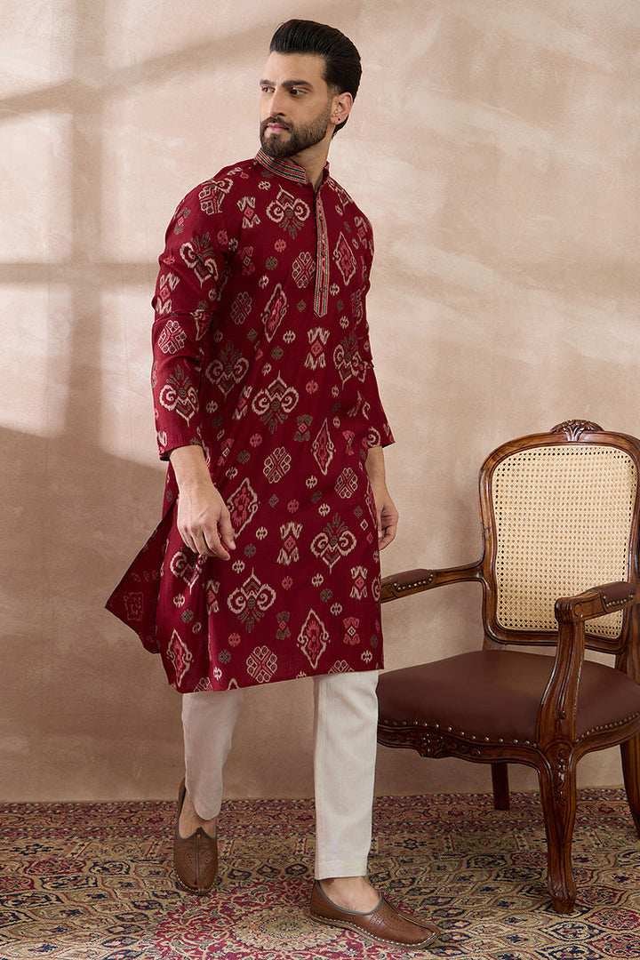 Red Silk Blend Printed Mandarin Collar Straight Kurta With Trouser | SHOBITAM