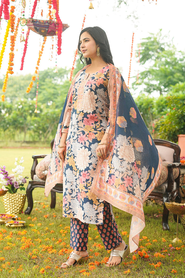 Blue Cotton Blend Floral Printed Straight Kurta Trousers With Dupatta | SHOBITAM