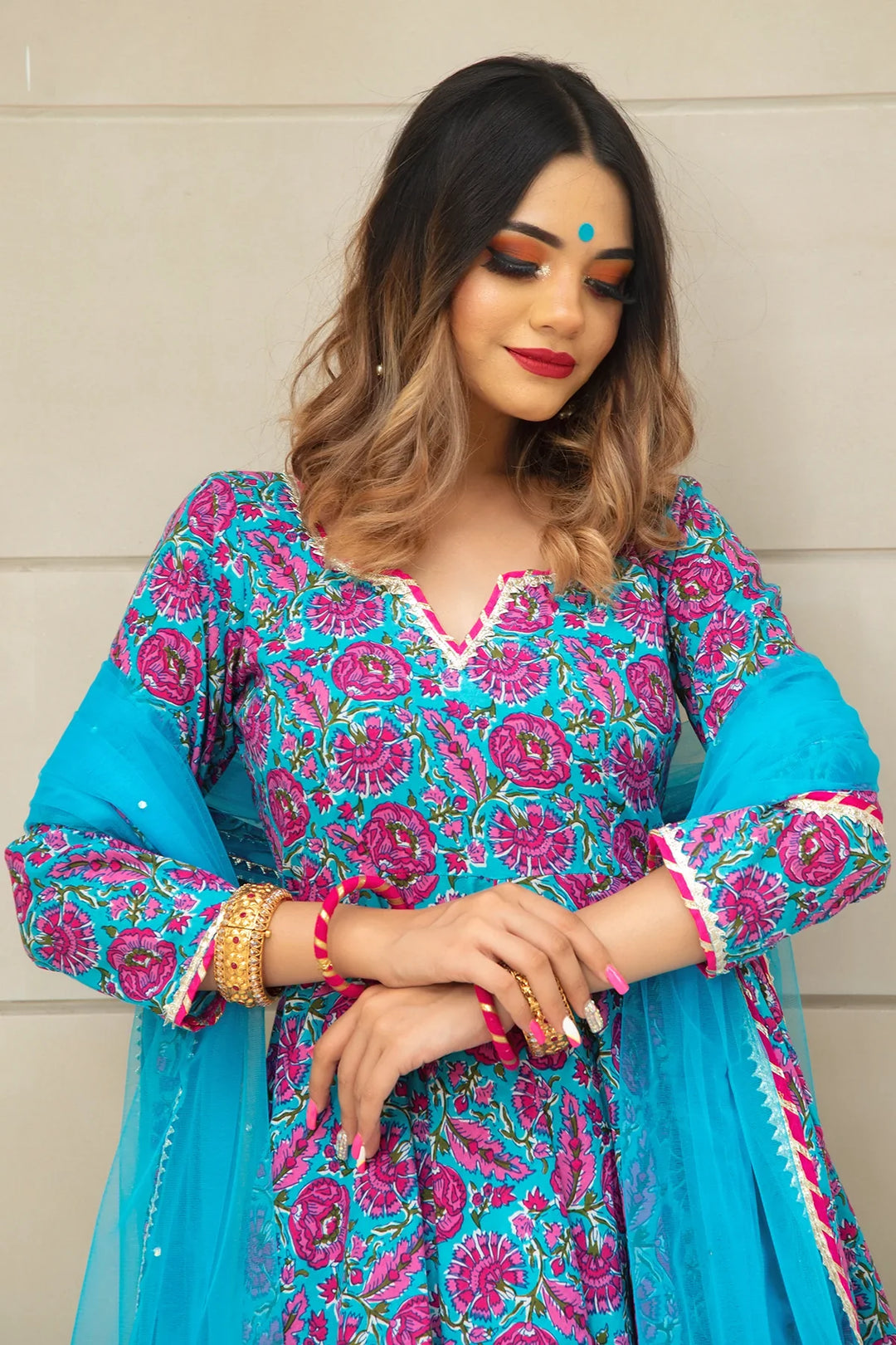 CHITRA HAND BLOCK COTTON ANARKALI SET | SHOBITAM