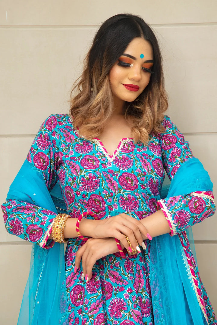 CHITRA HAND BLOCK COTTON ANARKALI SET | SHOBITAM