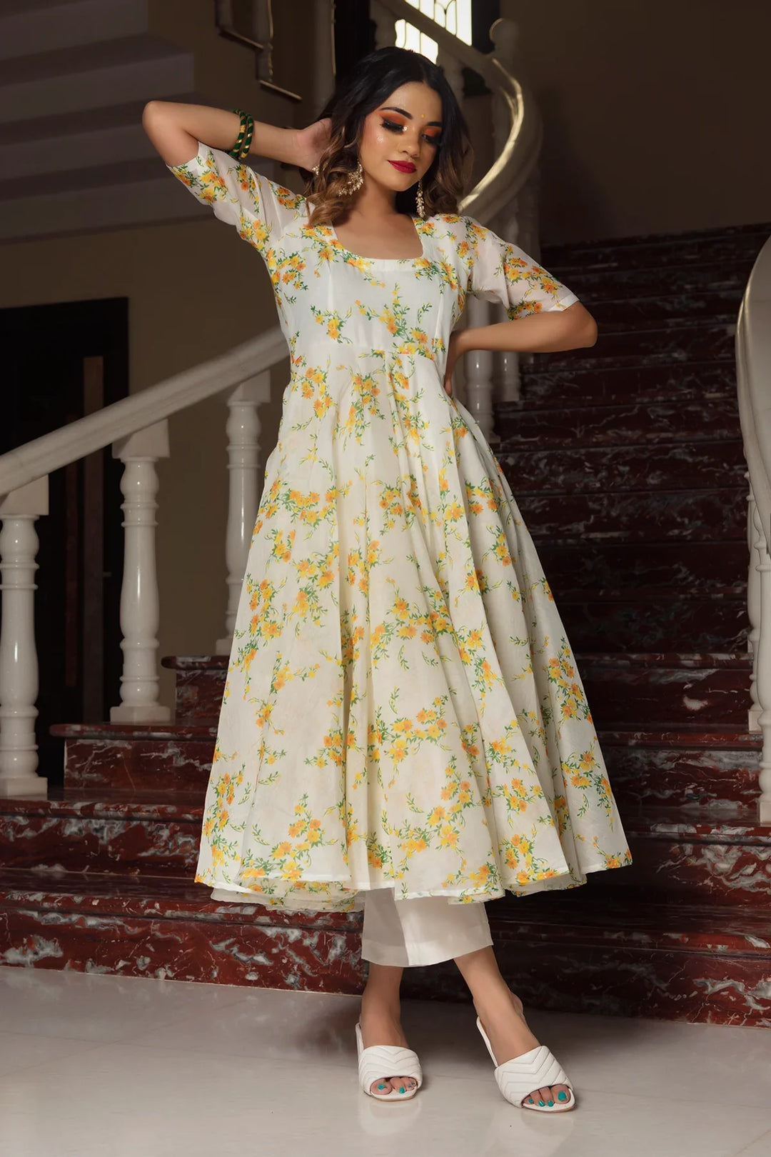 YELLOW PHOOL ORGANZA ANARKALI SET | SHOBITAM