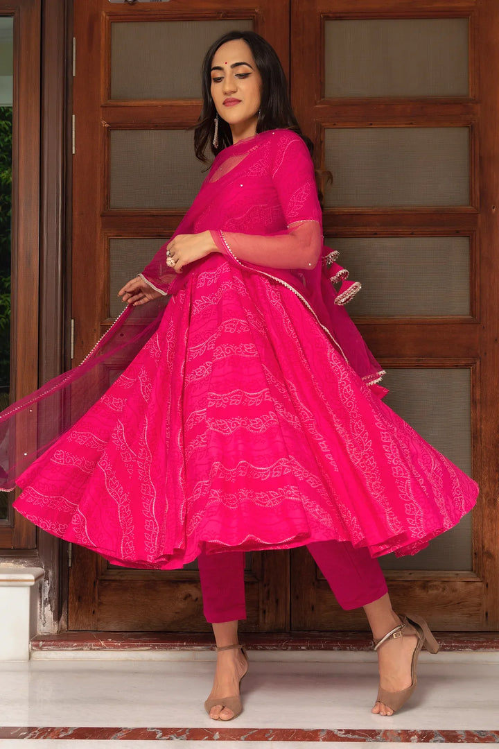 BHANDHEJ PINK COTTON ANARKALI SET | SHOBITAM