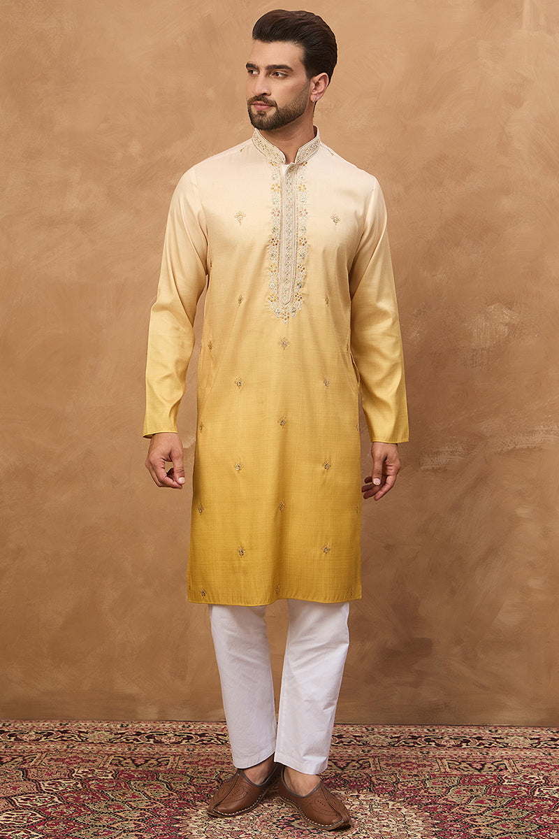 Yellow Silk Blend Solid Embroidered Straight Kurta | SHOBITAM
