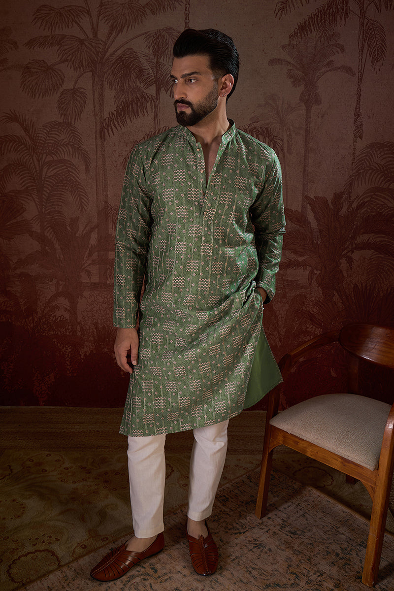 Green Silk Blend Ethnic Motifs Printed Straight Kurta With Trouser | SHOBITAM