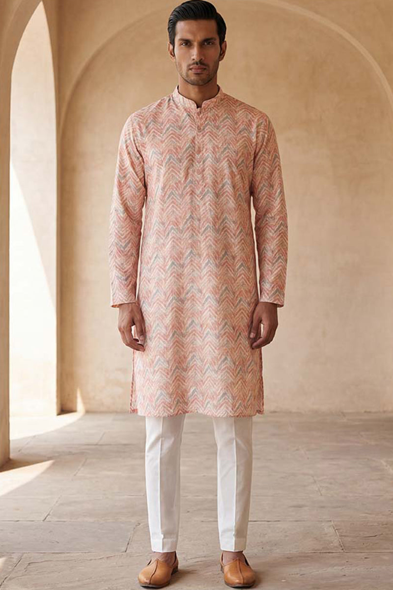 Peach Linen Printed Straight Kurta | SHOBITAM