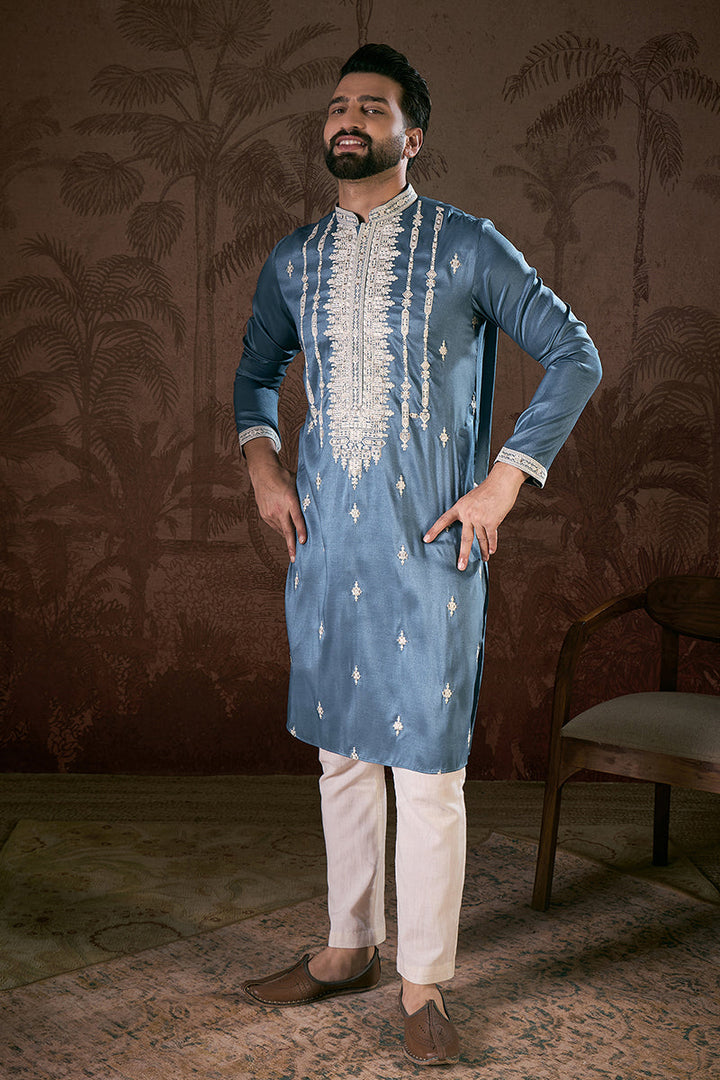 Blue Silk Blend Solid Embroidered Straight Kurta For Men | SHOBITAM