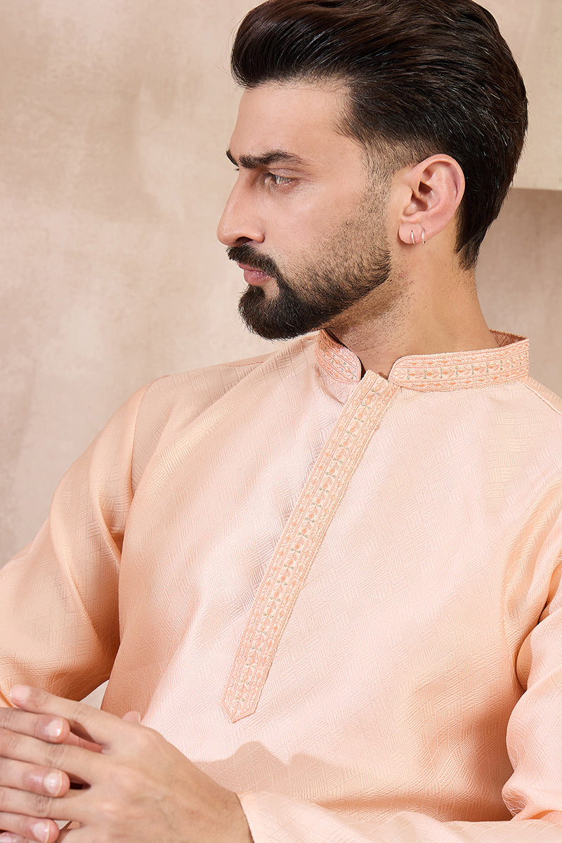 Peach Silk Blend Solid Embroidered Straight Kurta For Men | SHOBITAM