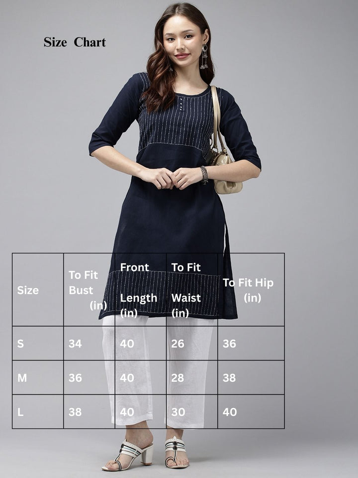 Navy Kantha Cotton Kurta | SHOBITAM