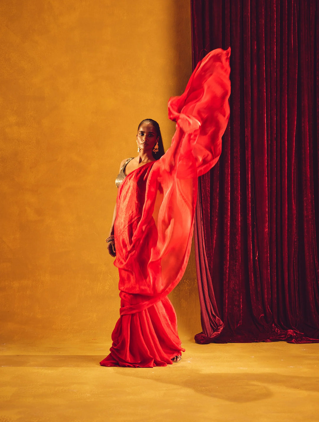 Red Tissue Saree With Unstitched Blouse | SHOBITAM