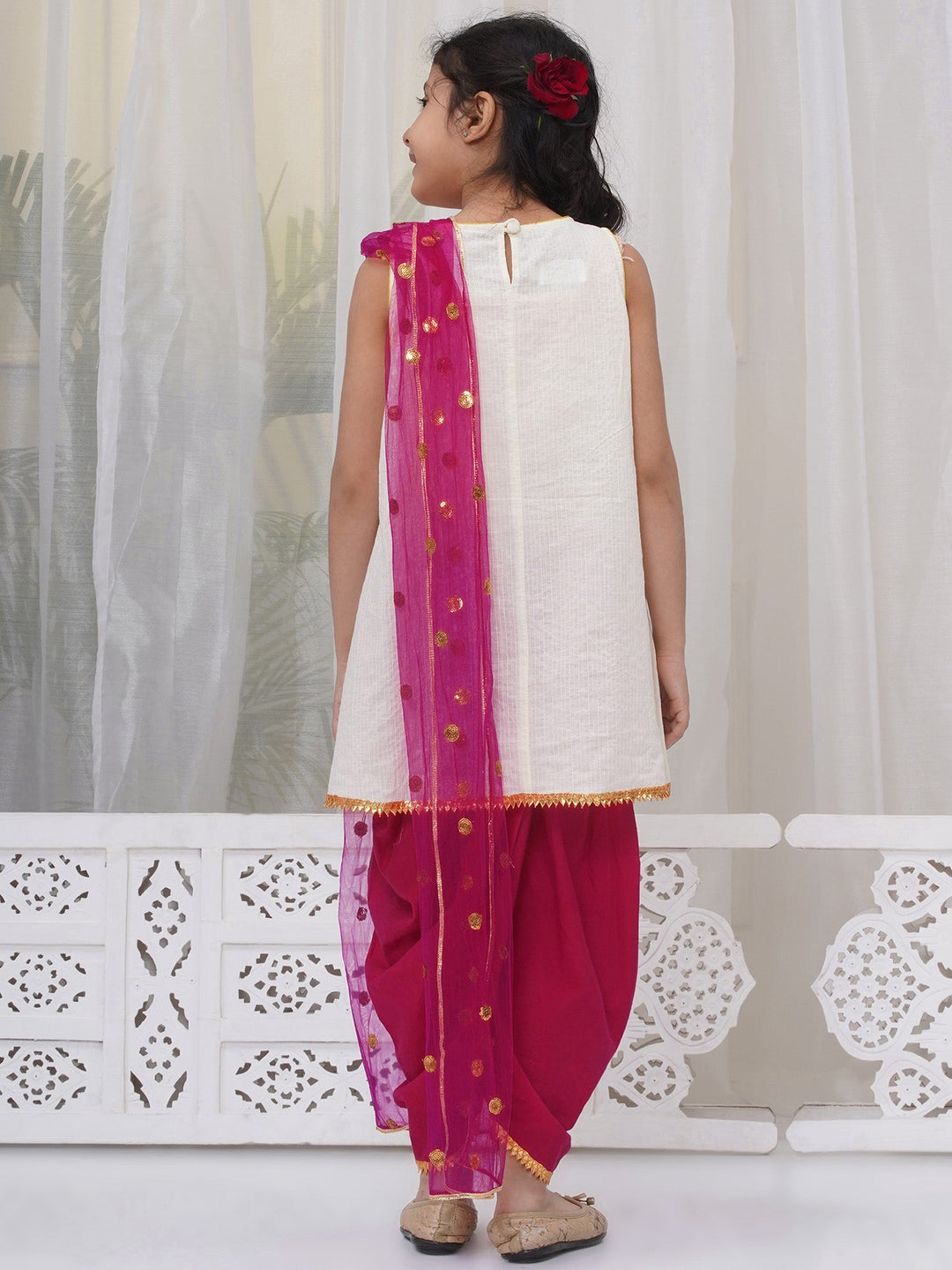 Girls Cotton Sleeveless Kurta with Dhoti Salwar and Dupatta with Floral Embroidery - Cream | SHOBITAM