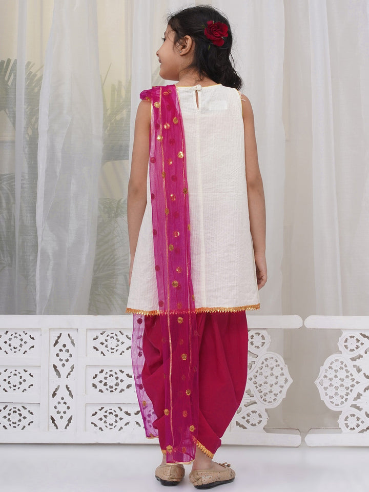 Girls Cotton Sleeveless Kurta with Dhoti Salwar and Dupatta with Floral Embroidery - Cream | SHOBITAM