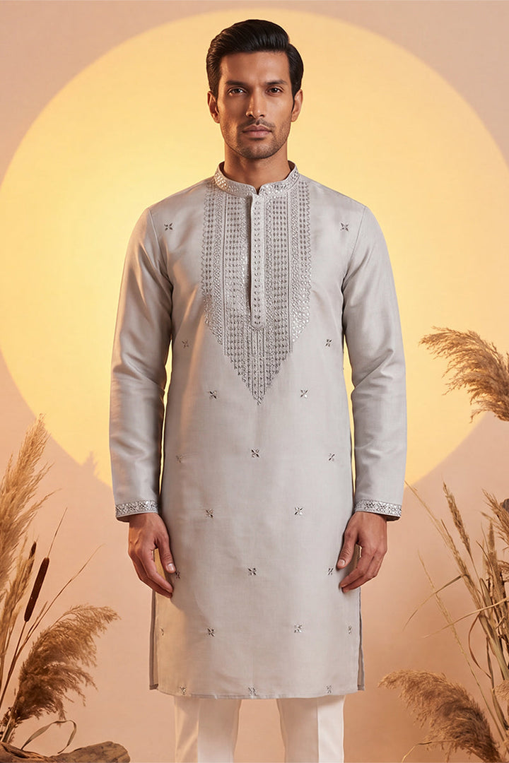 Mens Grey Silk Blend Solid Emboidered Sequins Kurta With Trouser | SHOBITAM