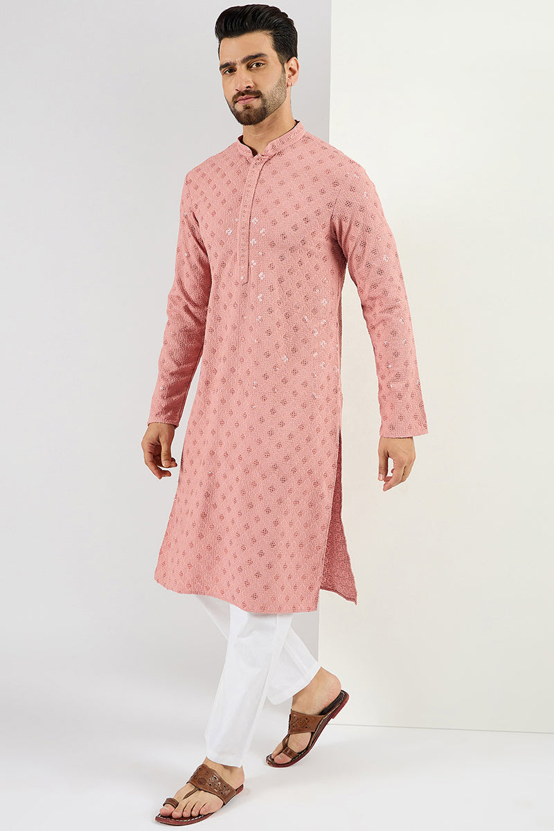 Pink Viscose Rayon Embroidered Straight Kurta With Pant Set | SHOBITAM