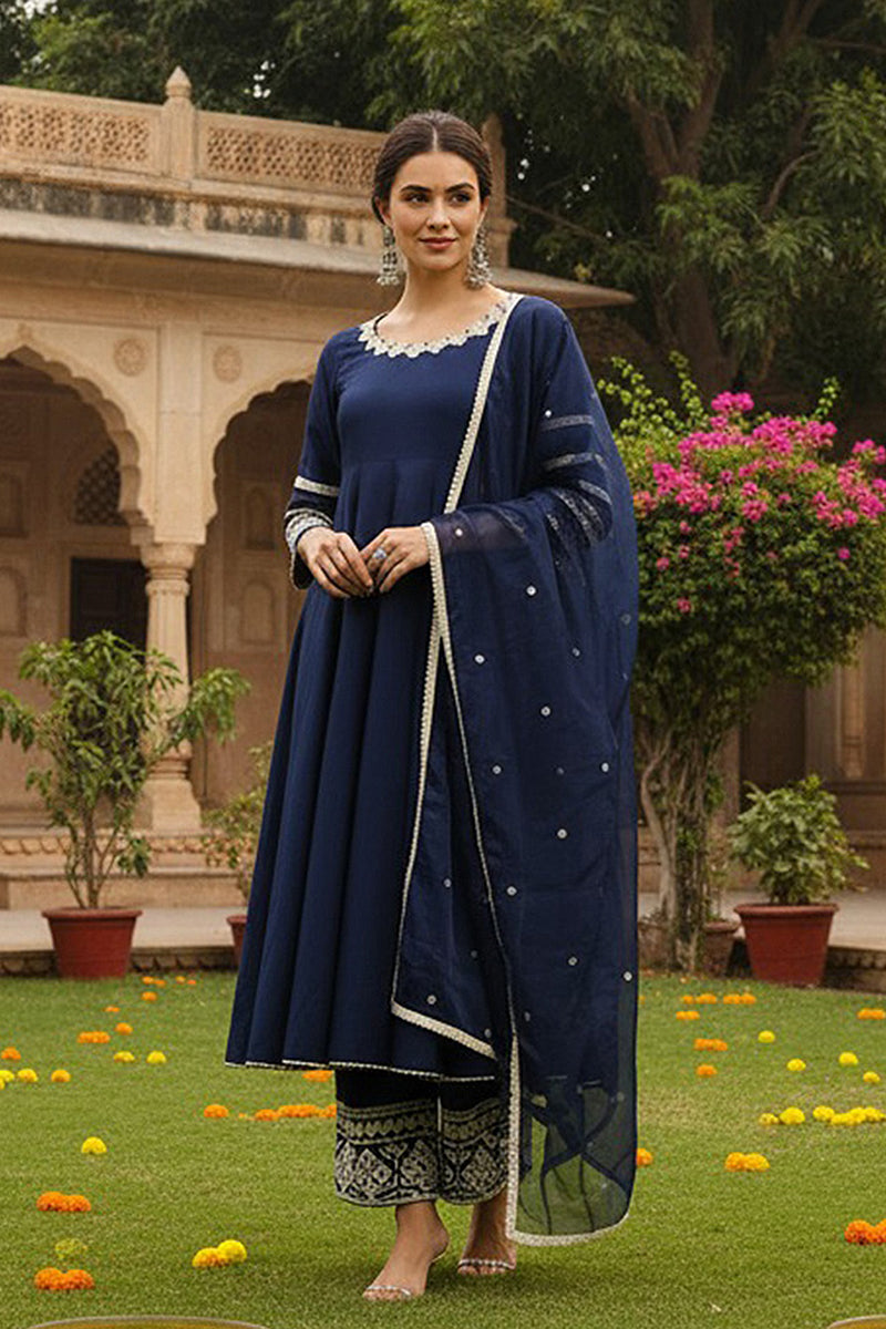 Navy Blue Silk Blend Solid Embroidered Anarkali Suit Set | SHOBITAM