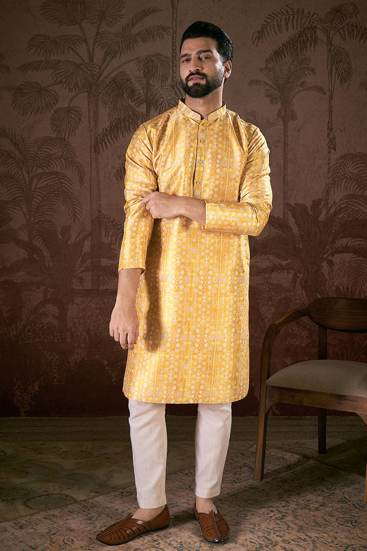 Yellow Silk Blend Floral Printed Straight Kurta For Men | SHOBITAM