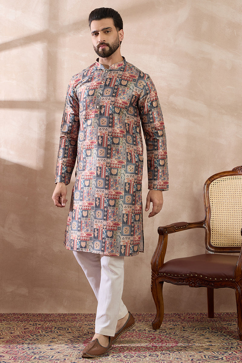 Multi Silk Blend Printed Mandarin Collar Straight Kurta With Trouser | SHOBITAM