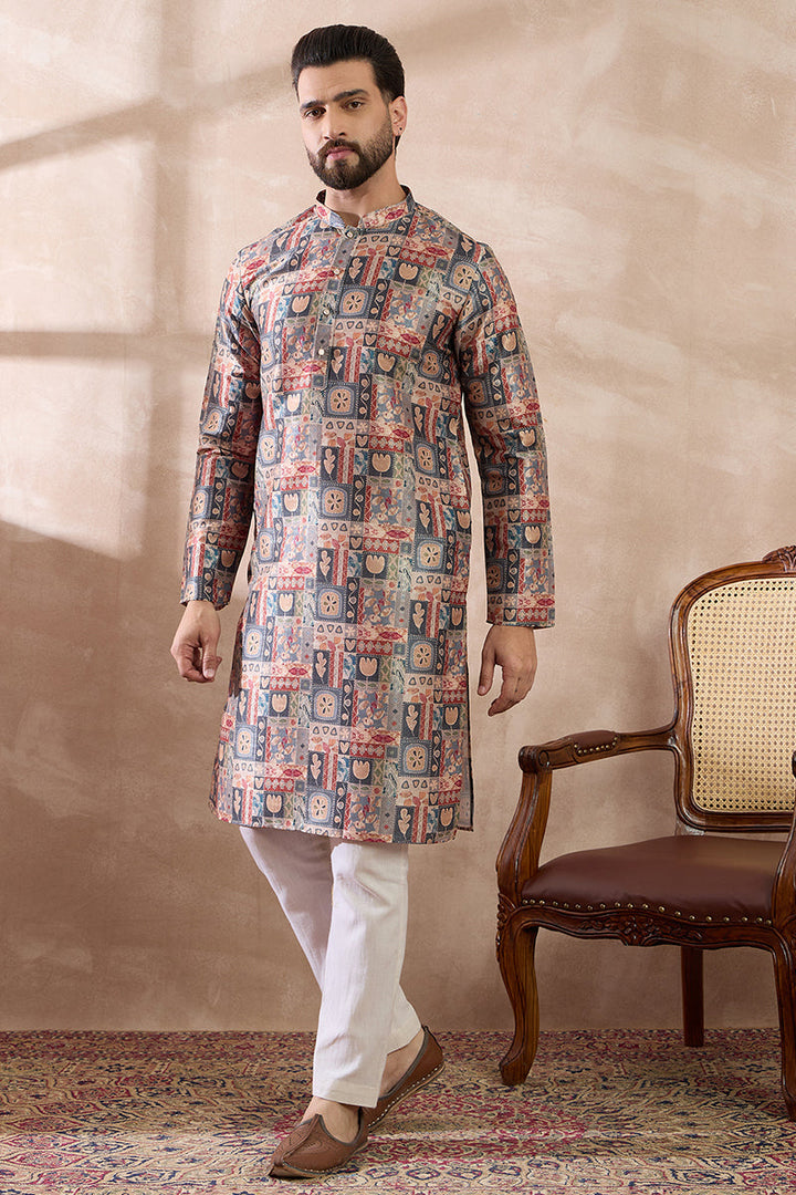 Multi Silk Blend Printed Mandarin Collar Straight Kurta With Trouser | SHOBITAM