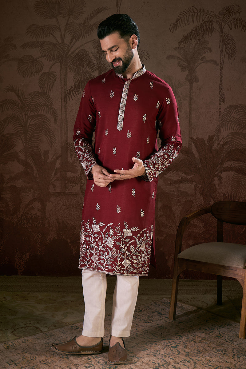Maroon Silk Blend Solid Embroidered Straight Kurta For Men | SHOBITAM