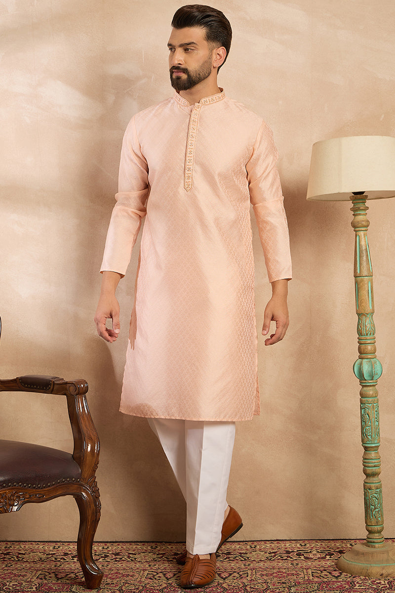 Peach Polyester Solid Embroidered Straight Kurta With Trouser | SHOBITAM