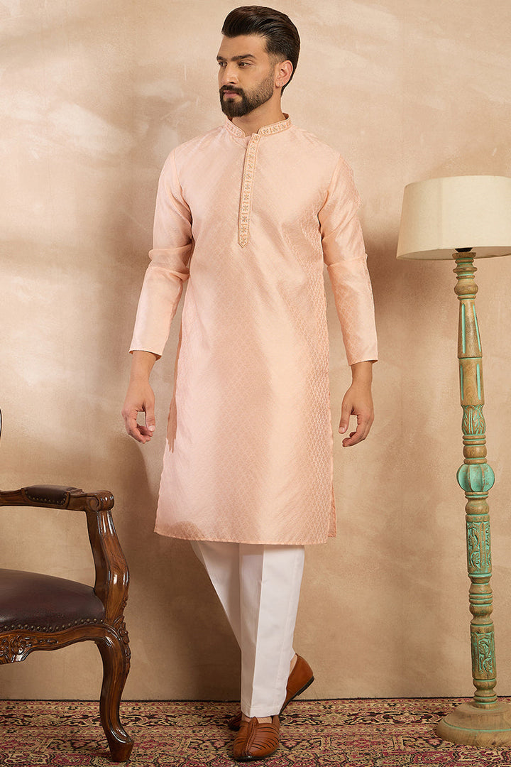 Peach Polyester Solid Embroidered Straight Kurta With Trouser | SHOBITAM