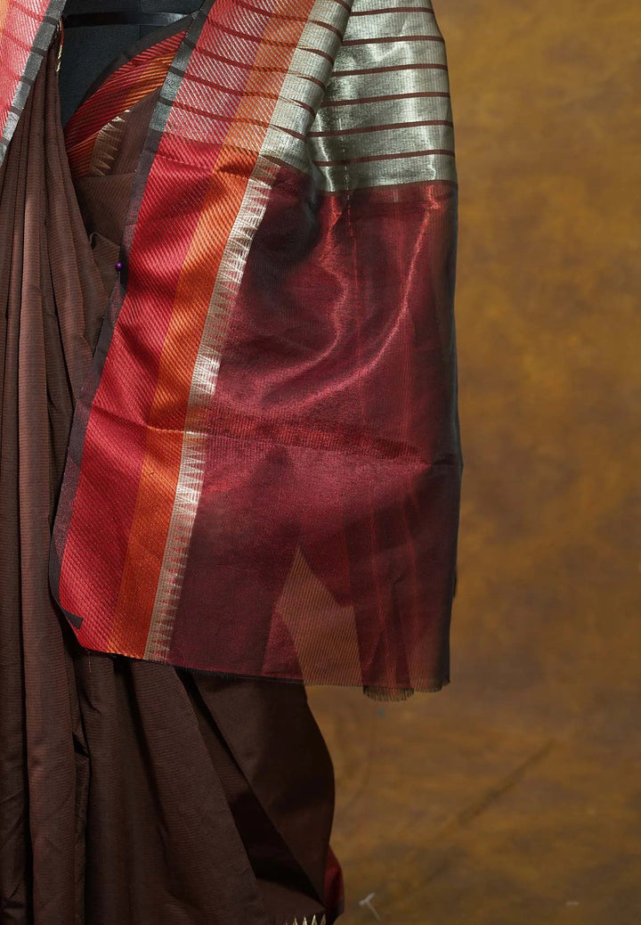 Taupe Grey and Brown - Patli Pallu Saree in Semi Silk Cotton | SHOBITAM