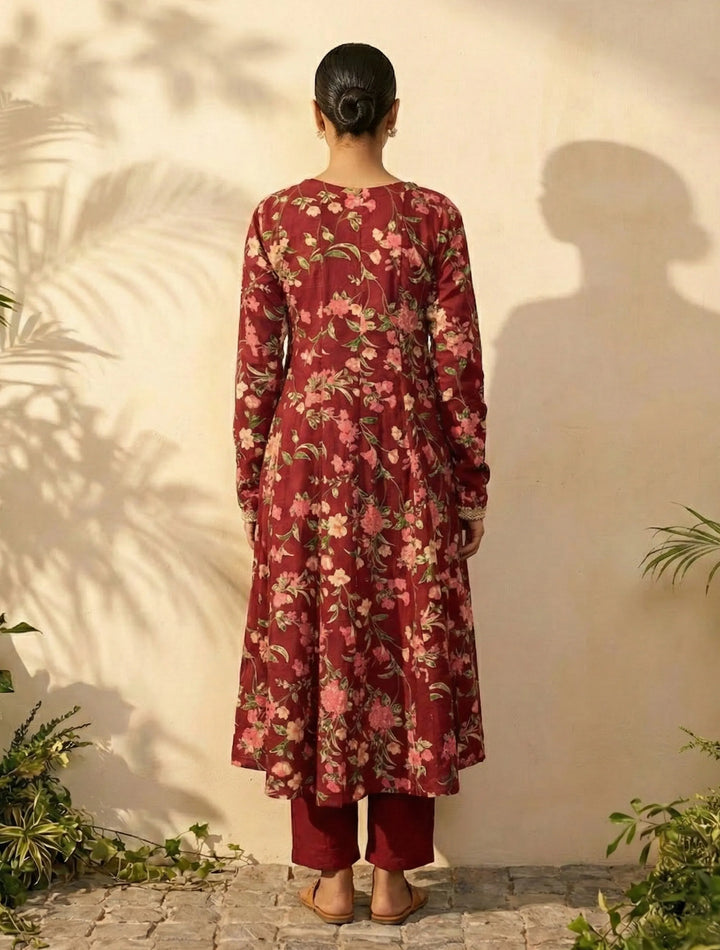 Maroon Floral Print V-Neck Anarkali Kurta Pant Dupatta Set | SHOBITAM