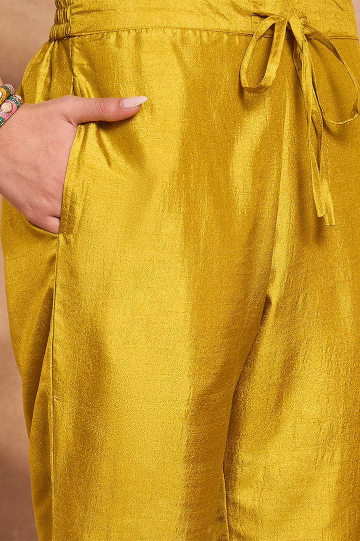 Yellow Silk Blend Solid Embroidered Straight Kurta Trouser With Dupatta | SHOBITAM
