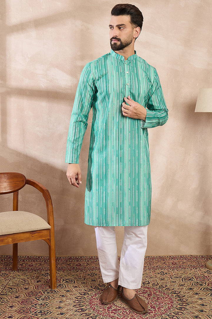 Green Silk Blend Floral Printed Straight Kurta For Men | SHOBITAM