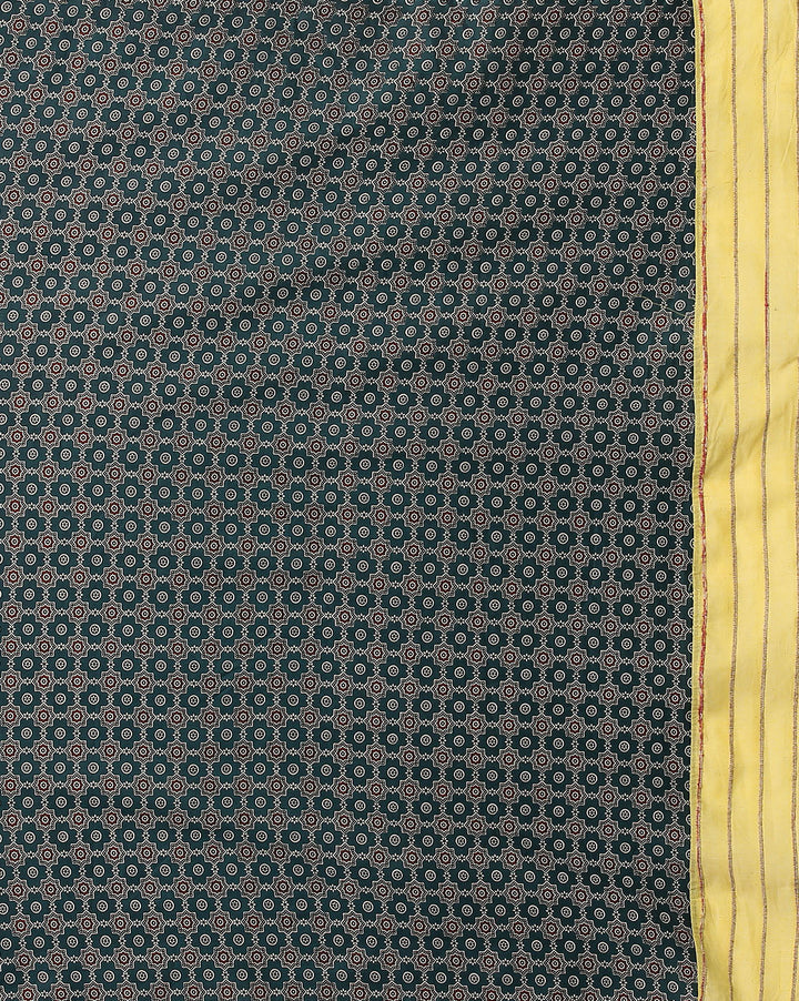 Yellow Green Ajrak Print Khesh Saree with Blouse piece | SHOBITAM