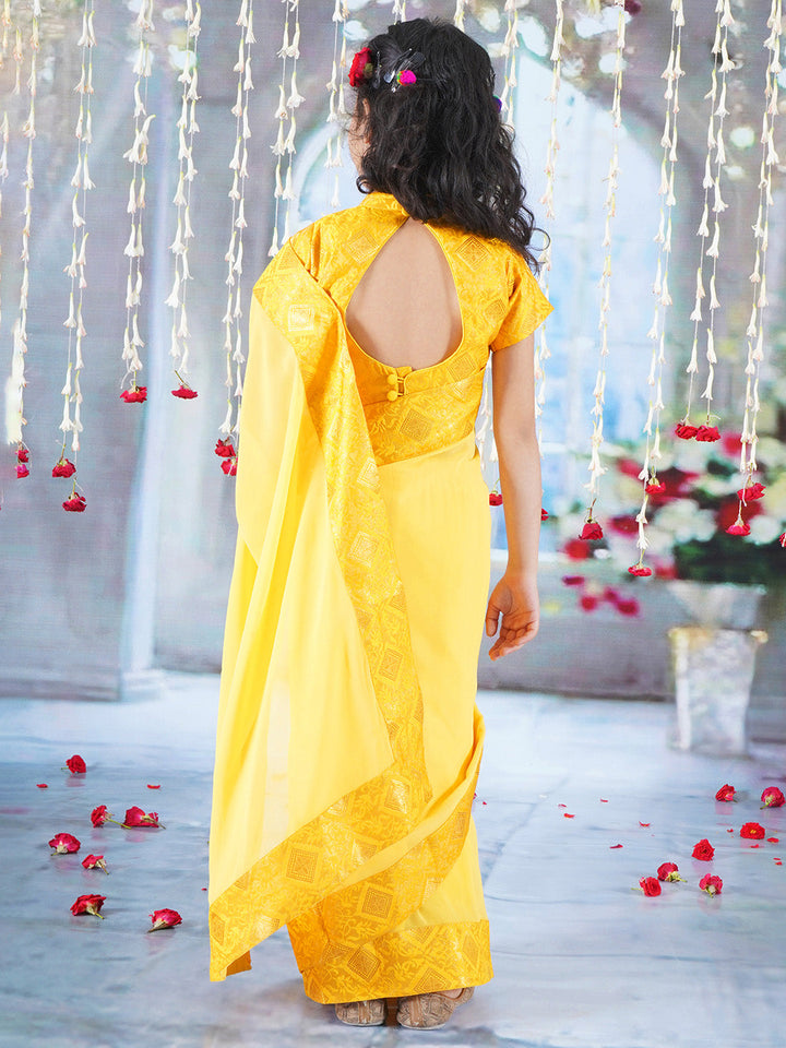 Floral Rangoli Blouse with Ready to wear Saree - Yellow | SHOBITAM