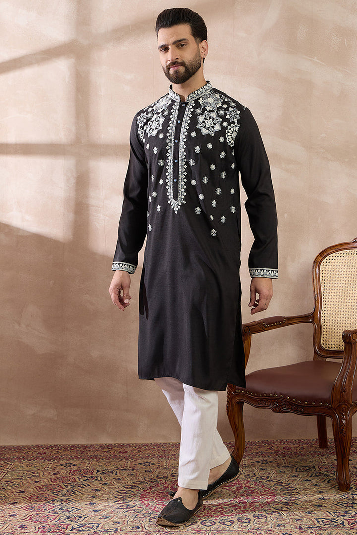 Black Silk Blend Embroidered Mandarin Collar Straight Kurta For Men | SHOBITAM