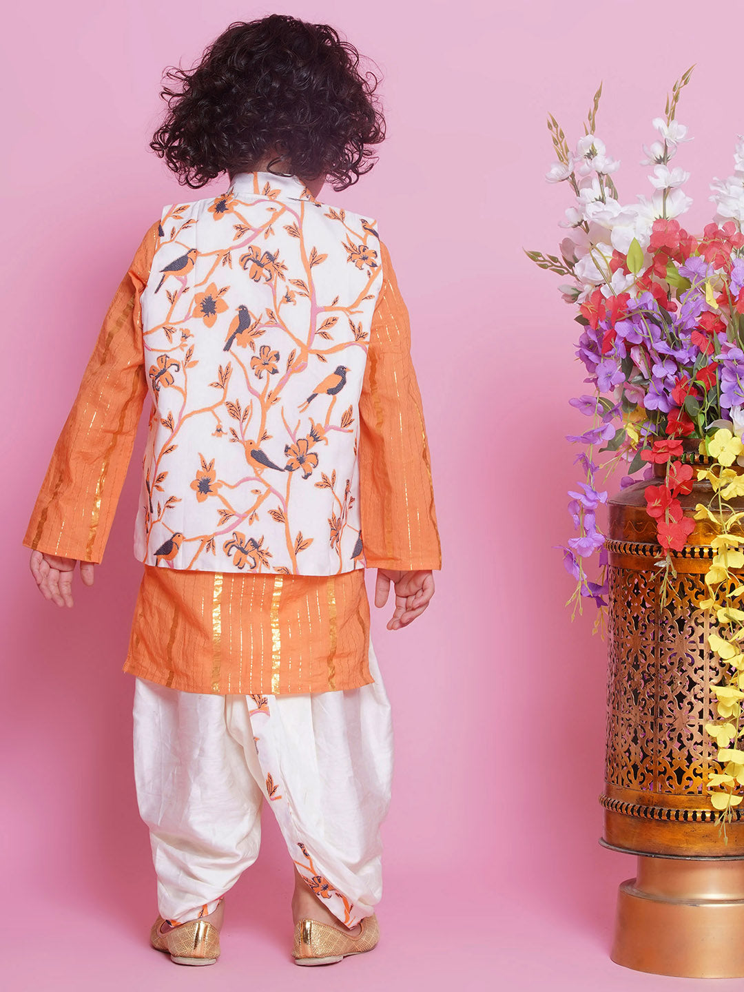Cotton Sleevelees Floral Bird Thread Embrodiery Nehru Jacket with Striped Kurta and Dhoti - Orange and Cream | SHOBITAM