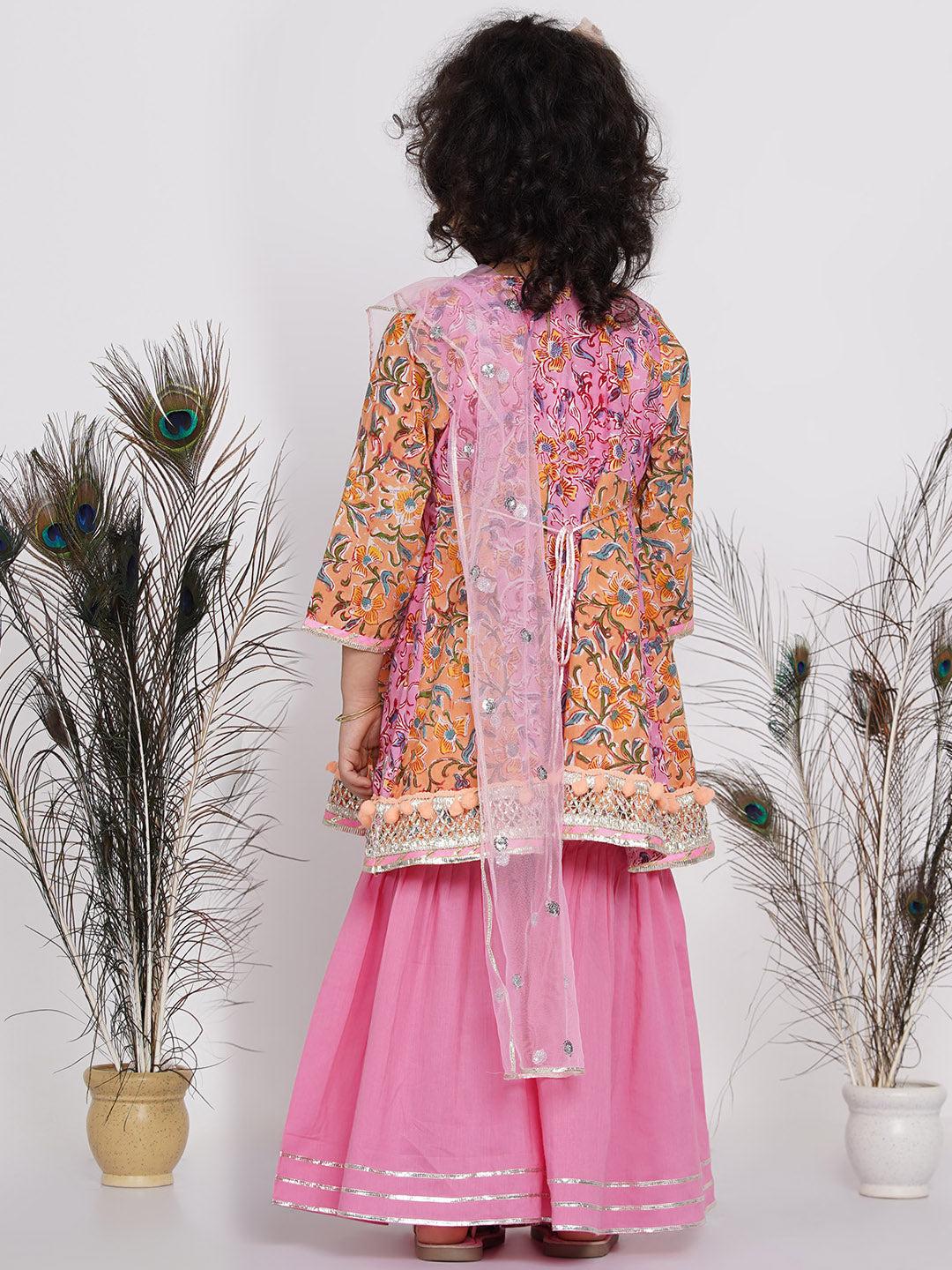 Girls Jaipuri Floral Kurta with sharara and dupatta - Orange and Pink | SHOBITAM