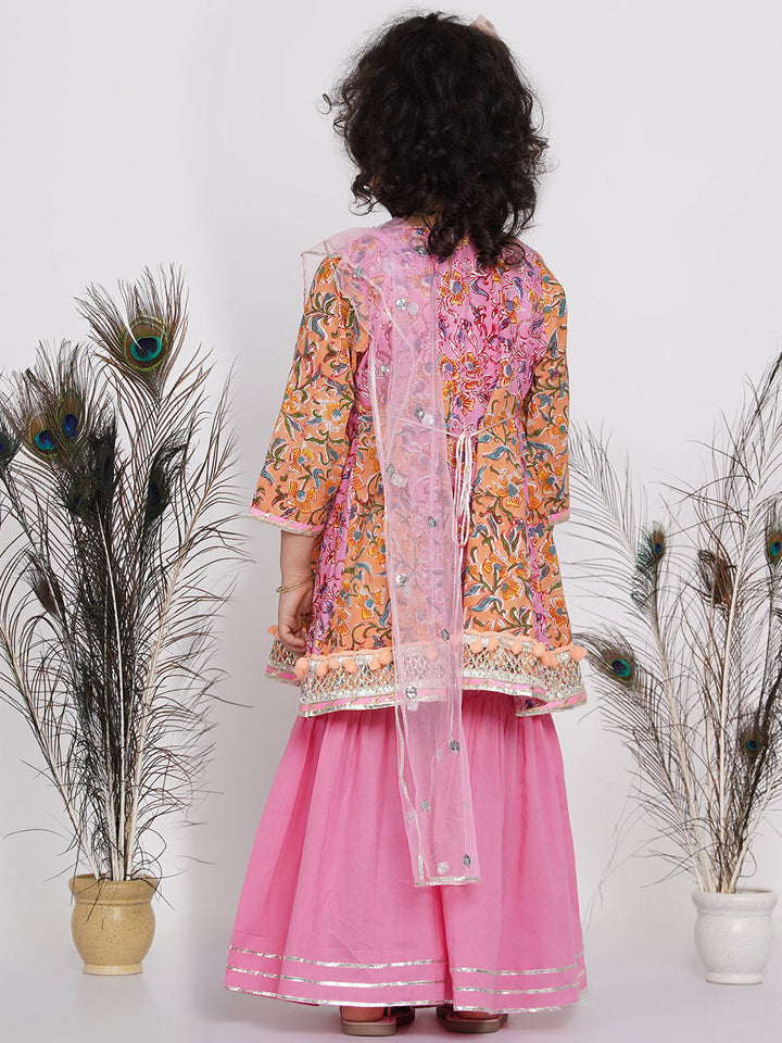 Girls Jaipuri Floral Kurta with sharara and dupatta - Orange and Pink | SHOBITAM