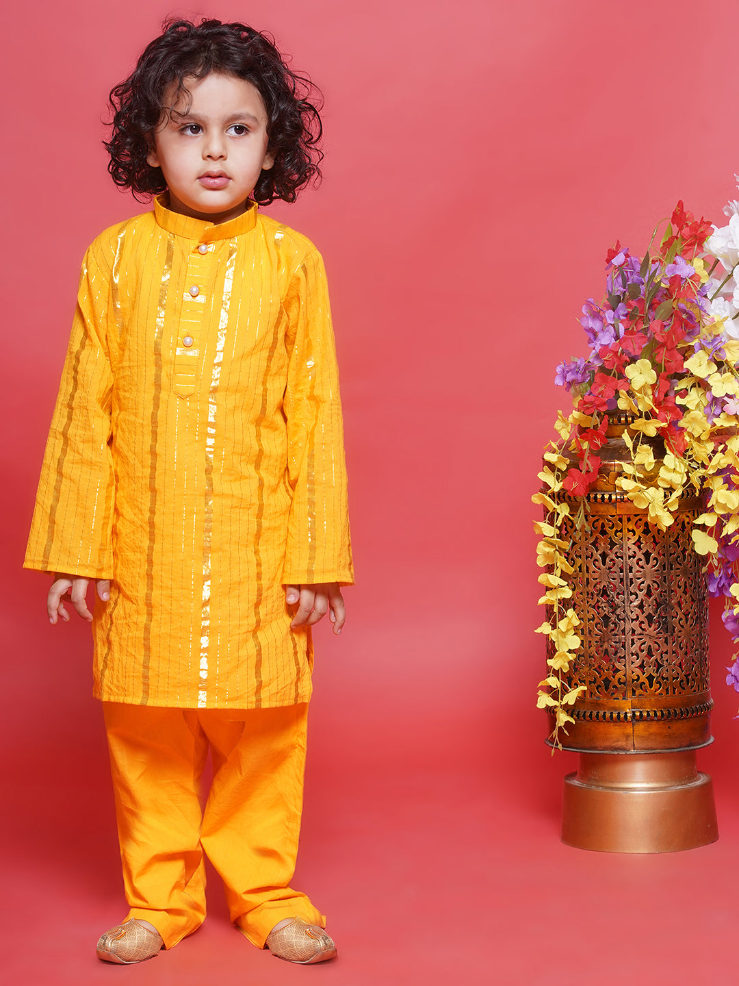 Cotton Full Sleeves Lurex Striped Kurta with Pyjama -Yellow | SHOBITAM