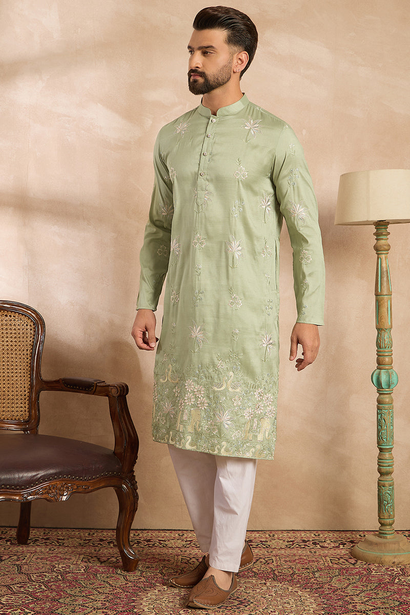 Olive Silk Blend Solid Embroidered Straight Kurta With Trouser | SHOBITAM