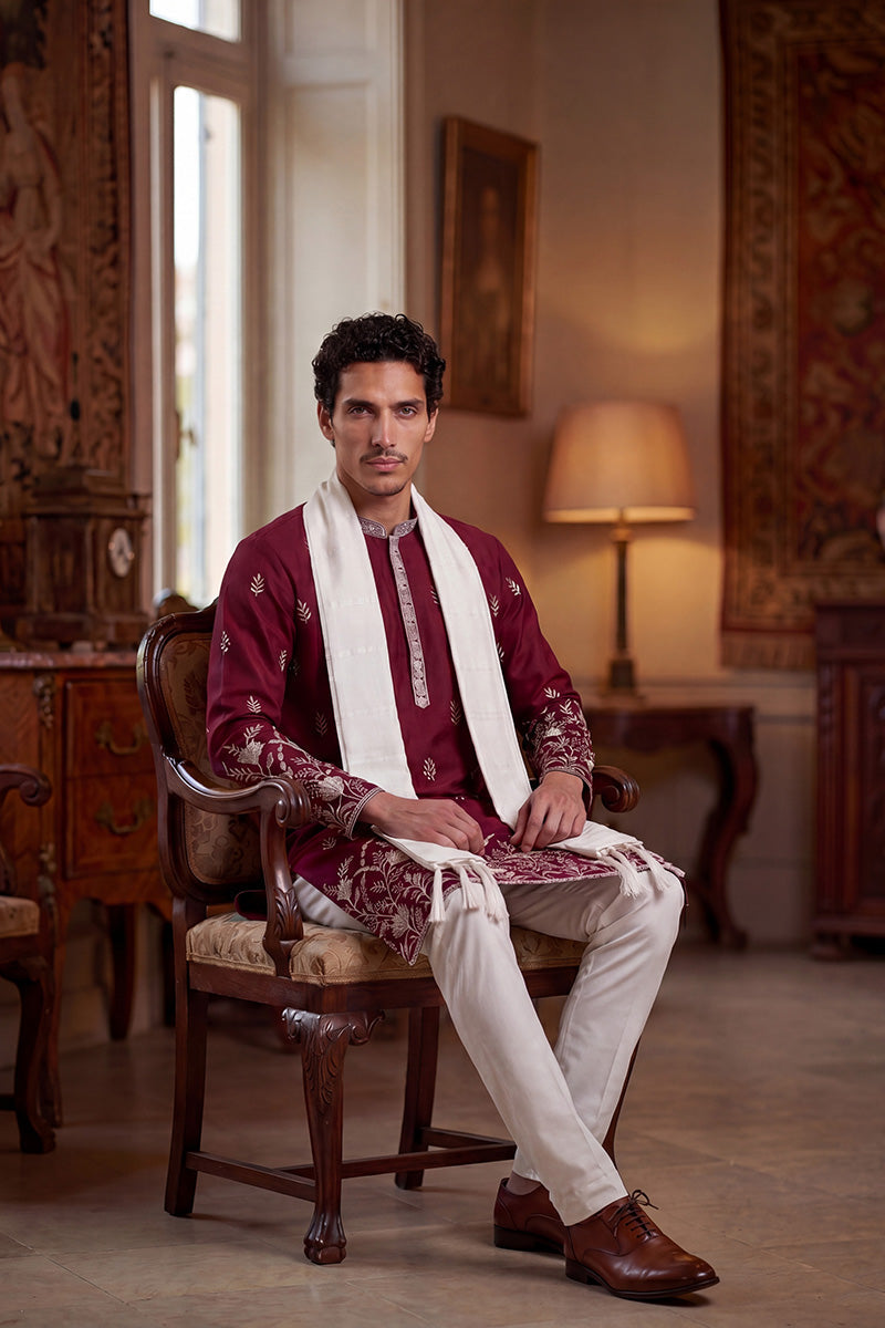 Men Maroon Silk Blend Solid Embroidered Straight Kurta Trouser with Dupatta | SHOBITAM