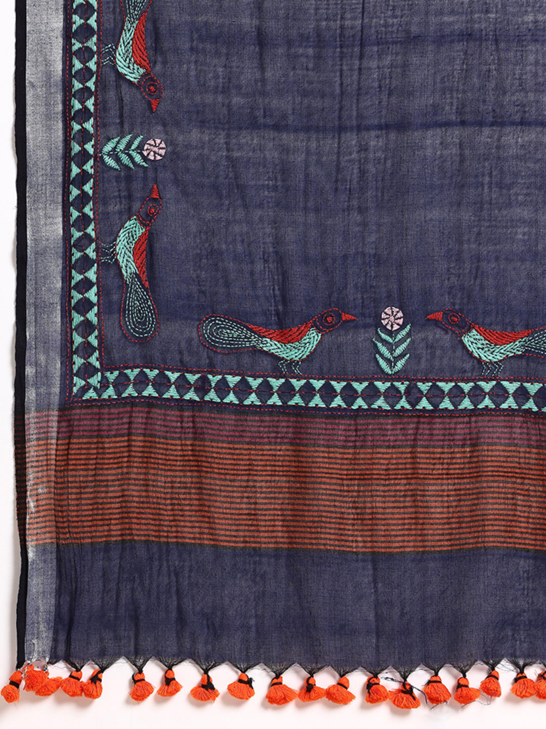 Handloom Navy Colour Block Cotton Kantha Saree | SHOBITAM