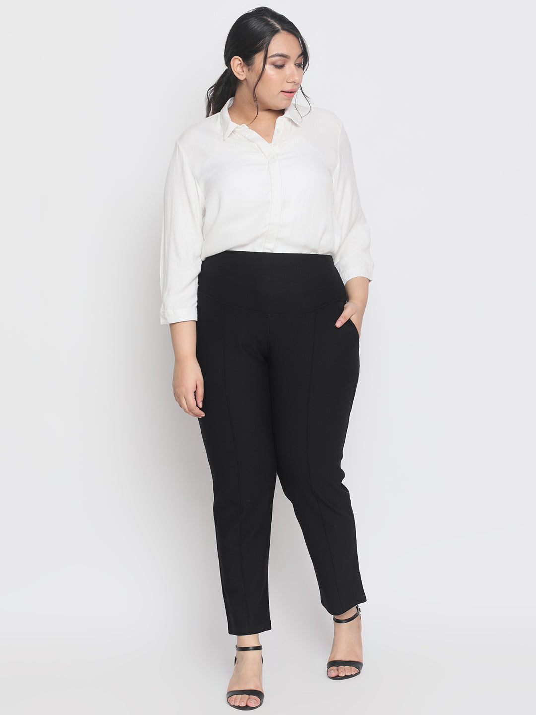Plus Size Black Tummy Shaper Straight Fit Pants | Made to Order