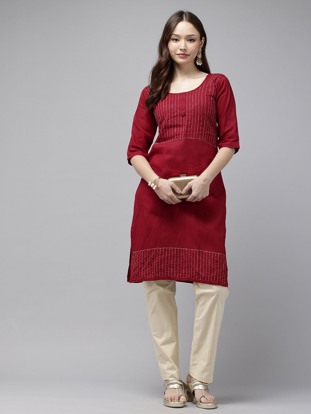 Maroon Kantha Cotton Kurta | SHOBITAM