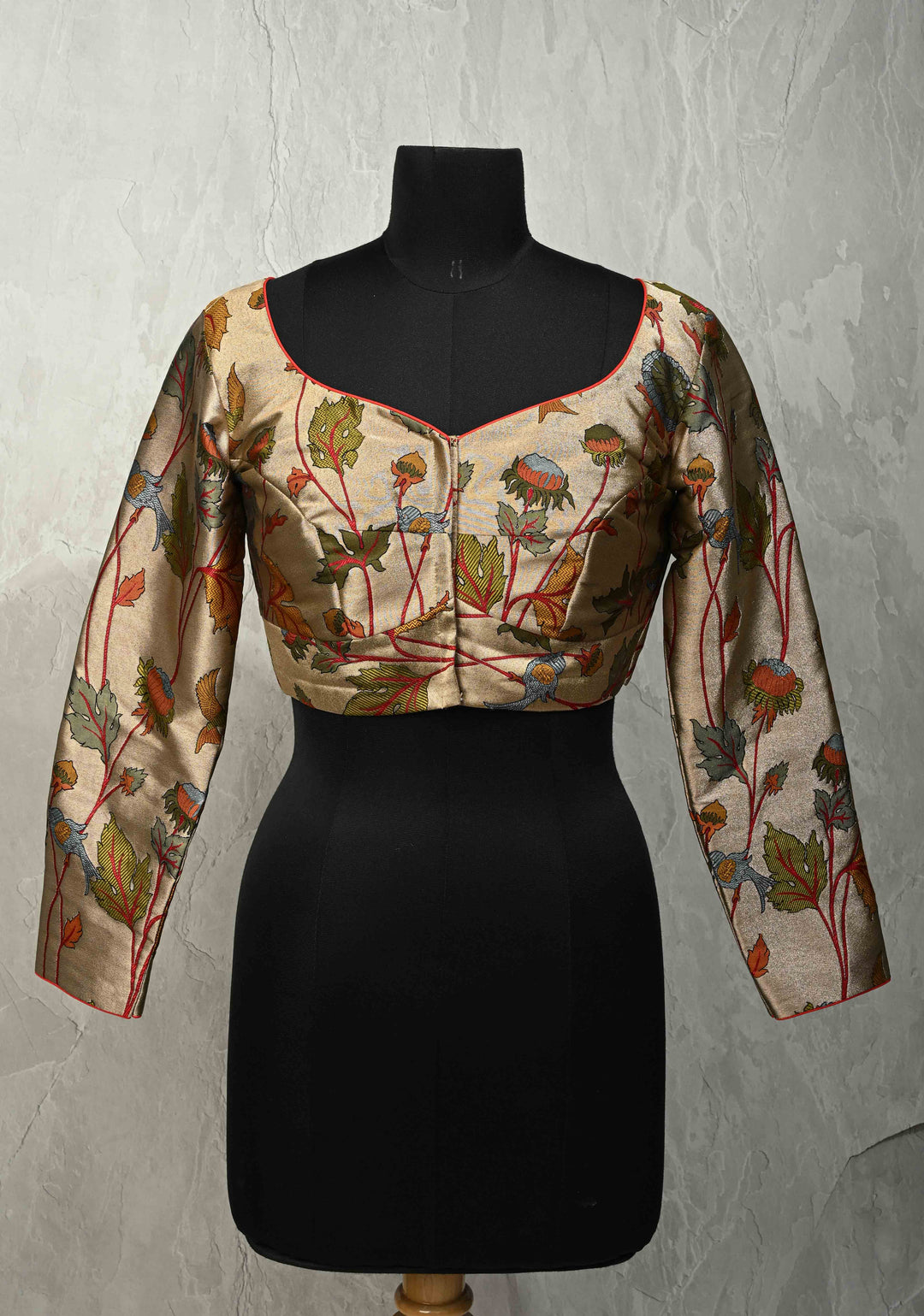 SIZE 36" Bronze Semi Paithani Style Tissue Silk Leaf Neckline with Meenakari Fauna Brocade and Full Sleeves Blouse