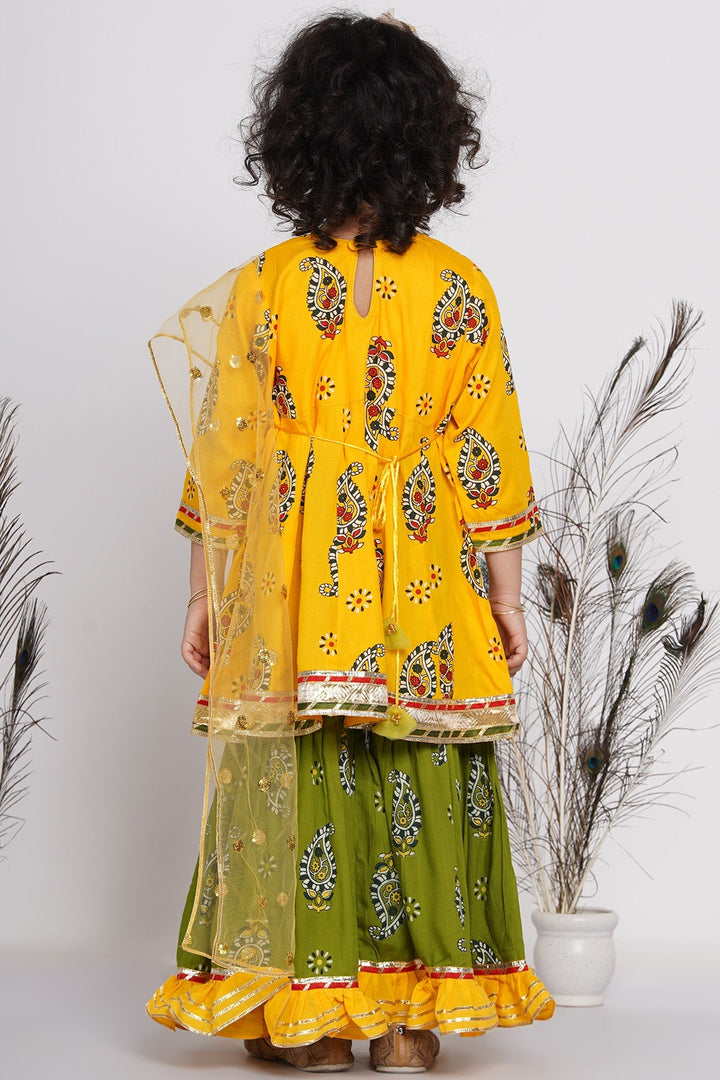 Girls Cotton Floral Jaipuri Kurta with Gunghroo work, Frill Sharara, and Dupatta | SHOBITAM